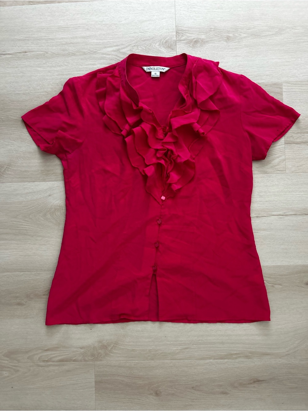 Pendleton Womens Ruffle-Front Short Sleeve Blouse 100% Silk